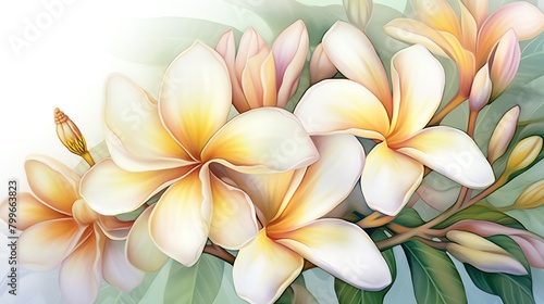 Tropical scene with plumeria and magnolia blossoms  focus on their distinct fragrances and bold  creamy petals