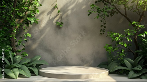Podium mockup, natural plant leaves background for product display, 3d render photo