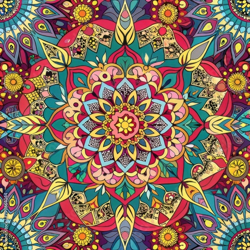 Seamless pattern of intricate mandala designs with floral motifs, Generative AI