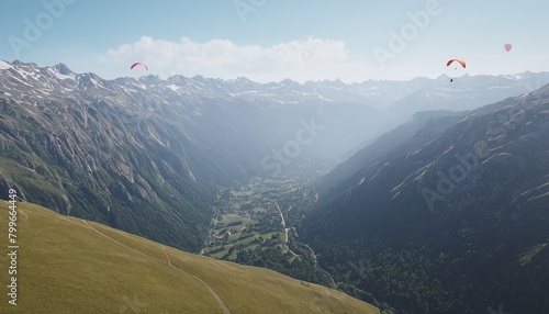 Vibrant Skies: Paragliders and Balloons over Mountain Landscape
