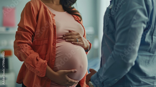 Close up of pregnant woman holding her belly while talking to a doctor in the clinic