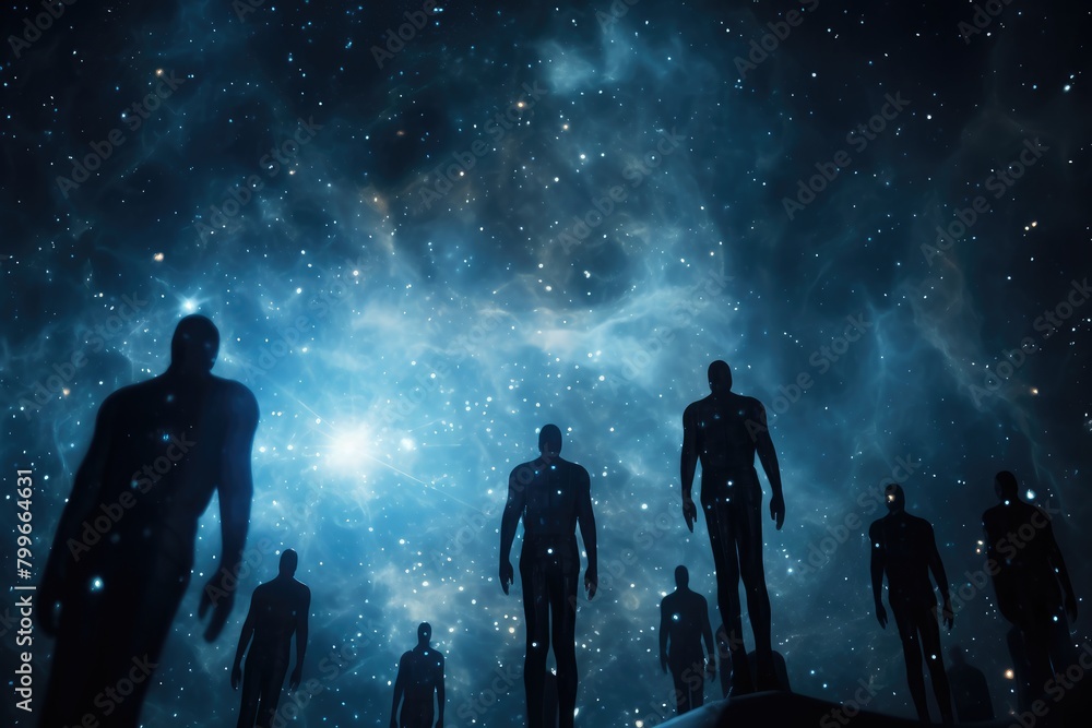 Haunted Star Cluster: Ghostly figures floating among stars in a cosmic cluster. Haunted Star Cluster: Ghostly figures floating among stars in a cosmic cluster.