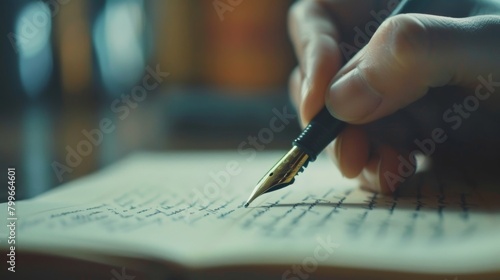 A person is seated at a desk, writing on a blank piece of paper with a pen. The individual appears focused on the task, with their hand moving swiftly across the page.