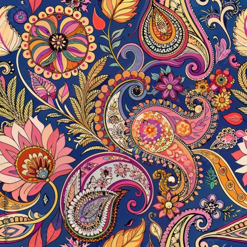 Seamless pattern of intricate paisley designs accented with floral elements, Generative AI