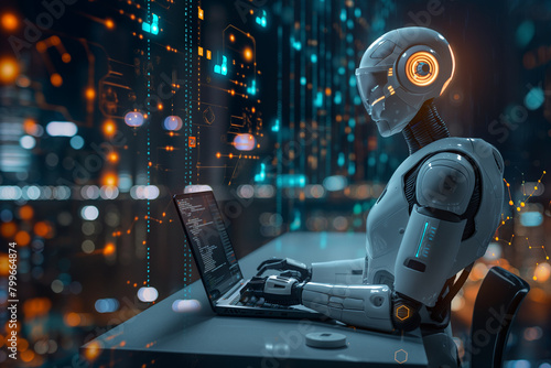 “The Digital Architect” A futuristic robot is engrossed in coding amidst a vibrant, digital cityscape, symbolizing the intersection of artificial intelligence and urban development. © Zulkifle