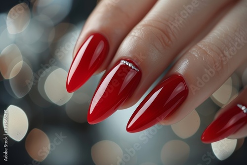 Glamour woman hand with classic red nail polish on her fingernails. Red nail manicure with gel polish at luxury beauty salon. Nail art and design. Female hand model. French  Generative AI