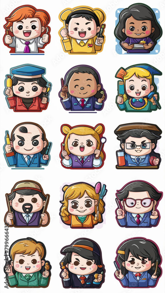 A set of twelve adorable animestyle teacher stickers A set of twelve adorable animestyle teacher stickers