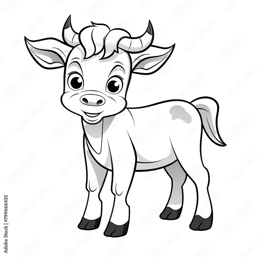 Cute cartoon baby cow coloring page for kids, no background, thick lines