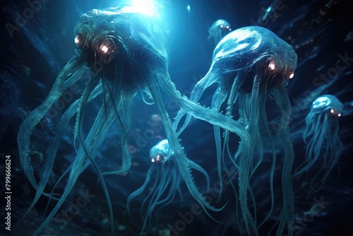 Abyssal Aliens: Bioluminescent aliens emerging from the depths of space.