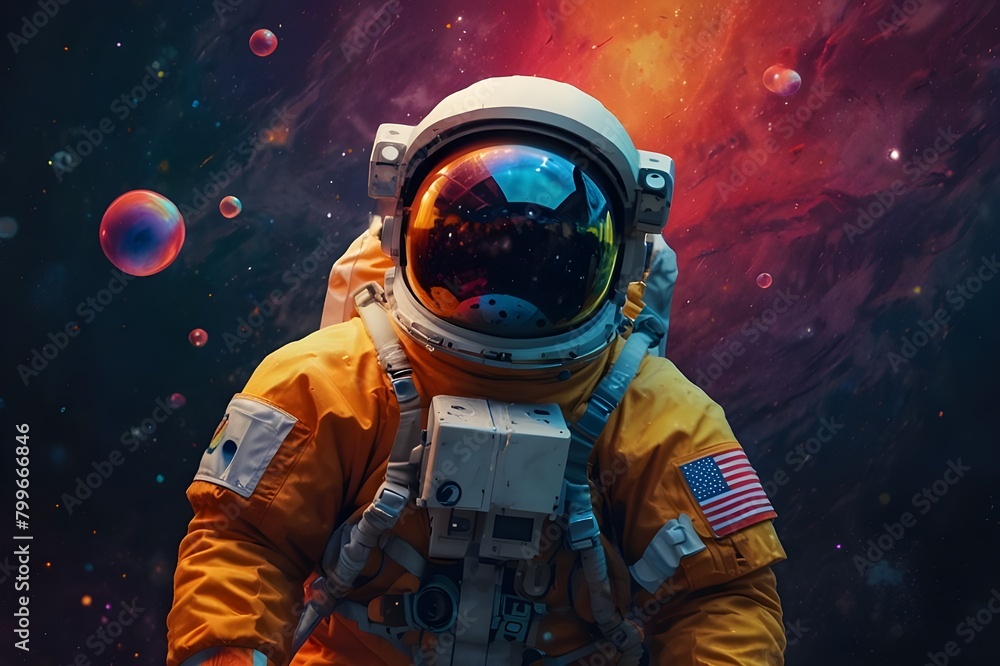 Beautiful painting of an astronaut in in a colorful bubbles galaxy on a different planet. Generative AI. Pop art concept