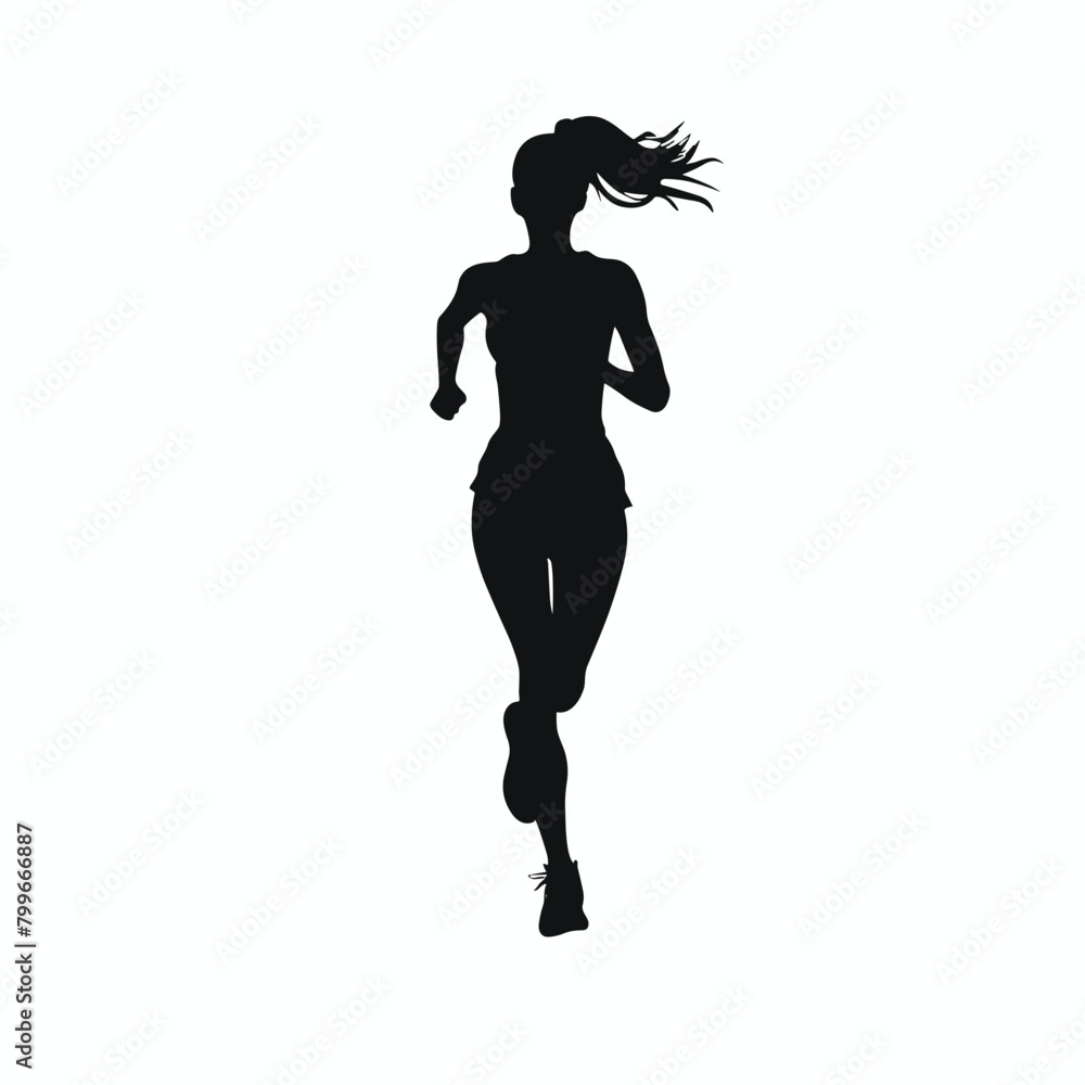Silhouette of a woman running, isolated against a bright white background. Silhouette of a woman running, isolated against a bright white background.