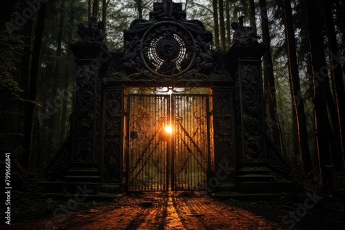 Cyber Cemetery Gates: Gates to a cybernetic cemetery opening to reveal the afterlife. photo