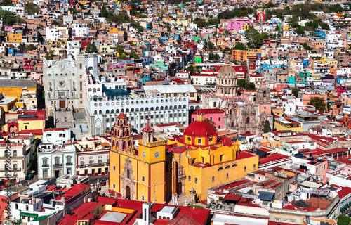 Aerial view of the old town of Guanajuato with the Basilica and the University. UNESCO world heritage in Mexico