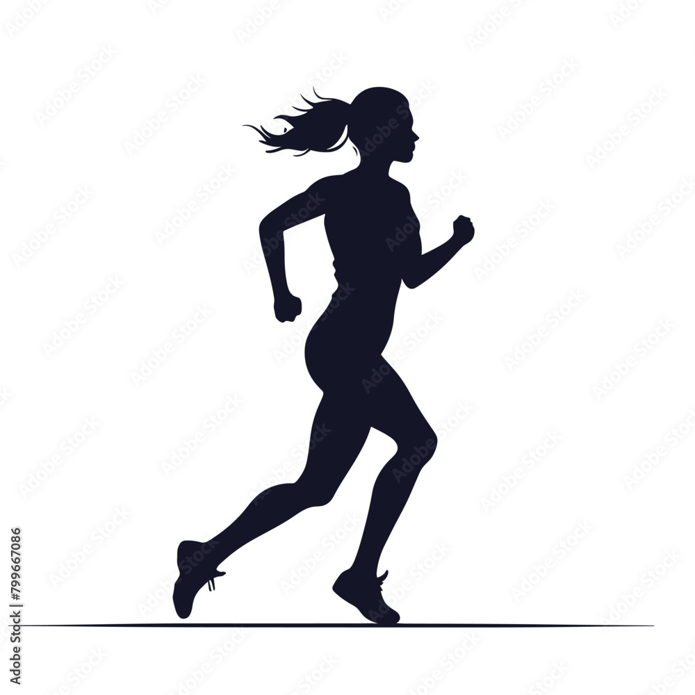 Silhouette of a young woman running briskly with a ponytail against a plain white background. Silhouette of a young woman running briskly with a ponytail against a plain white background.