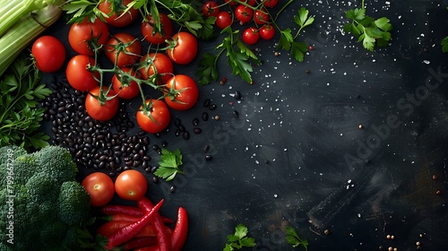 Frame of organic food, Fresh raw vegetables with black beans, On a black chalkboard photo
