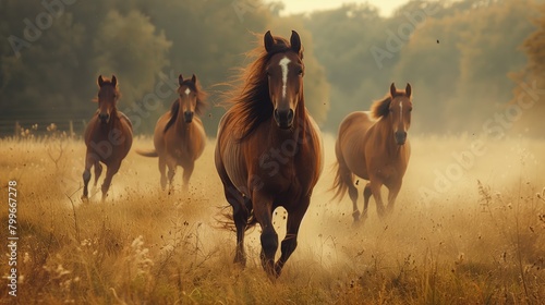 Herd of Horses Galloping in Golden Field at Dusk. Dynamic herd of horses charges through a field, their manes flowing, as the golden light of dusk envelops the landscape. © Old Man Stocker