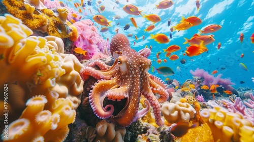 Vibrant Octopus Amongst Coral Reef and Tropical Fish. Octopus extends its tentacles with grace, surrounded by the vivid spectacle of a bustling coral reef and tropical fish.