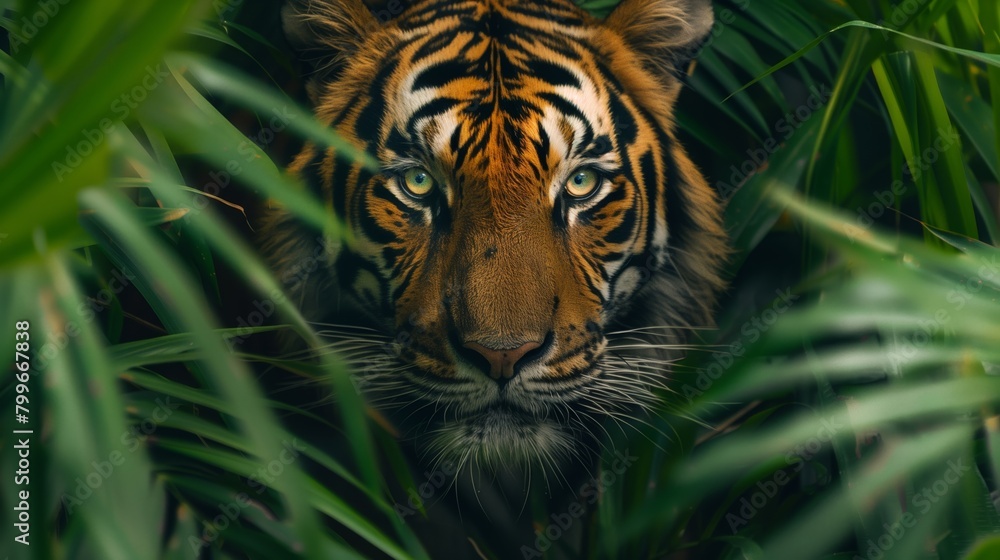 Stealthy Tiger Lurking in Dense Green Foliage. Striking face of a tiger emerges from the dense greenery, a beautiful yet formidable presence in the lush habitat. Stealthy Tiger Lurking in Dense Green Foliage. Striking face of a tiger emerges from the dense greenery, a beautiful yet formidable presence in the lush habitat.