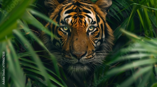 Stealthy Tiger Lurking in Dense Green Foliage. Striking face of a tiger emerges from the dense greenery  a beautiful yet formidable presence in the lush habitat.