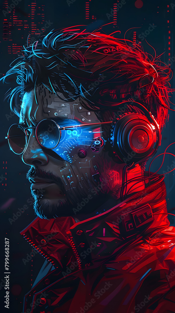 Fototapeta premium man software engineer cyberpunk crypto market bitcoin trading bitcoin logo glasses