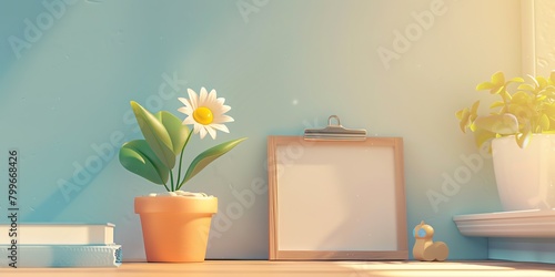  a toy flower pot next to a small toy analytics whiteboard, in the style of playful cartoonish illustrations, rendered in unreal engine, minimalist palette, background