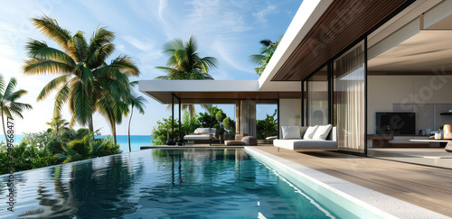 modern two story beach house with pool, 3d render, blue water, interior design, large windows and sliding doors, modern architecture, tropical setting, palm trees in background