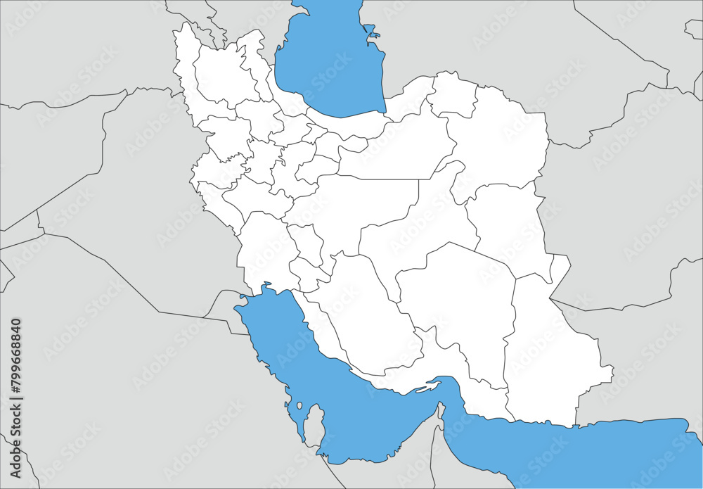 イラン・イスラム共和国と周辺国の白地図、州境入り