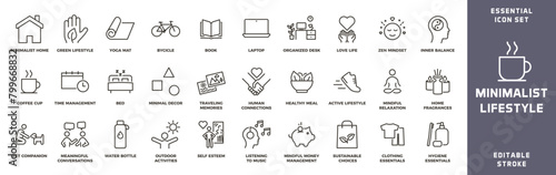 Minimalist lifestyle vector thin line icons for a modern, sustainable, decluttered and simple living that promotes wellbeing