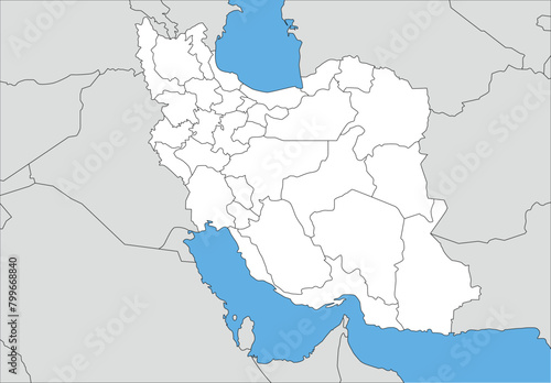 イラン・イスラム共和国と周辺国の白地図、州境入り