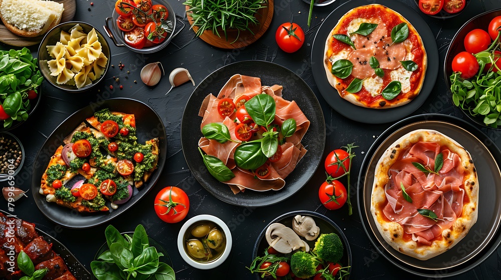 Full table of italian meals on plates Pizza, pasta, ravioli, carpaccio, caprese salad and tomato bruschetta on black background, Top view