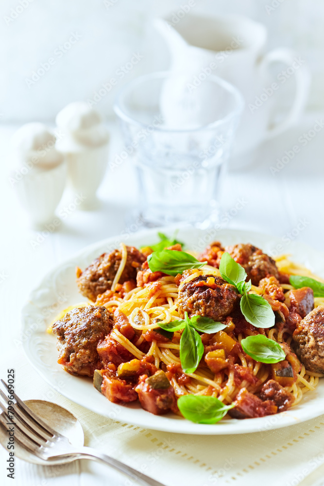 Spaghetti Pasta with Meatballs and fresh Basil o bright background. Close up. Spaghetti Pasta with Meatballs and fresh Basil o bright background. Close up.