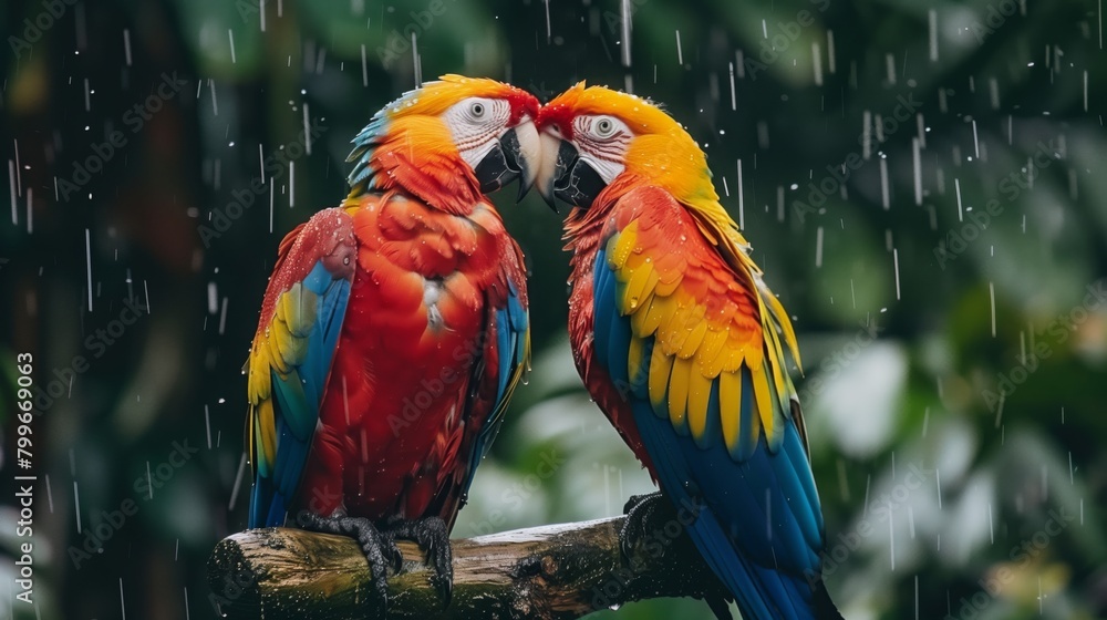 Colorful Macaws in Rainy Tropical Environment. Two vibrant macaws share a tender moment on a perch while rain falls in the lush, green tropical environment around them.