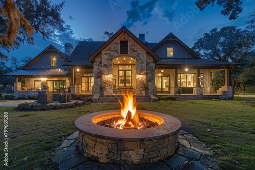 Impressive home with a communal fire pit in the front yard for starlit gatherings. photo