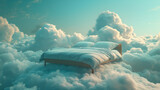 bed drifts among soft, fluffy clouds, creating an otherworldly scene that blurs the boundaries between dreams and reality.......