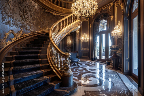 A baroque-inspired foyer with a curved staircase, the balusters intricately carved and gilded, leading to a grand, opulent hall. 