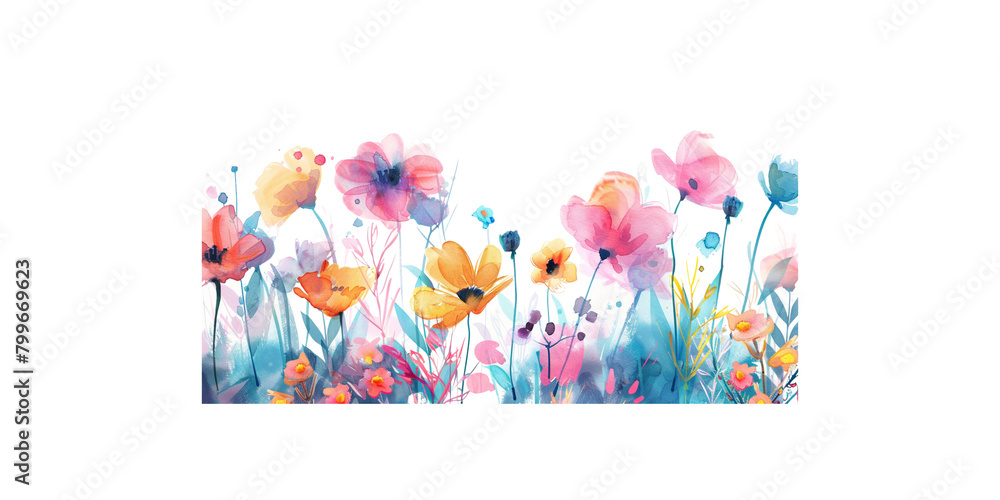 
watercolor wildflowers, field of flowers, petals and leaves, colorful, white background