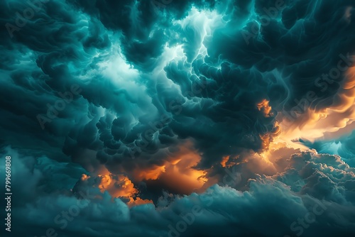 Dark and moody clouds swirling overhead, threatening rain photo