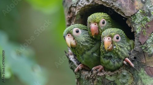 Green Parrot Chicks in a Natural Tree Hollow. Four green parrot chicks with bright, curious eyes huddle together inside the safe confines of a tree hollow.