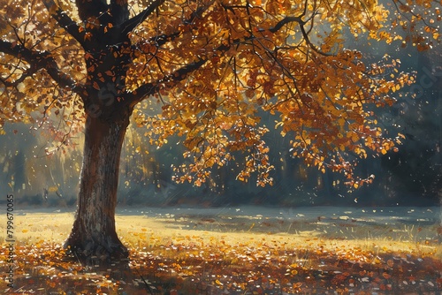Explore the concept of gaze in nature as you depict a tree in autumn, focusing on the interplay of light and shadow to bring depth and emotion to the scene photo