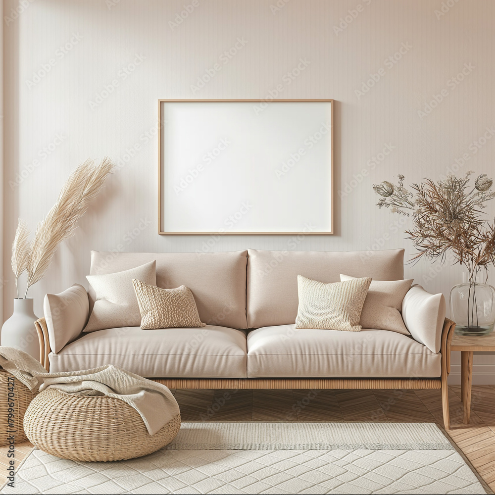 Mockup frame in light cozy and simple livingroom interior background Mockup frame in light cozy and simple livingroom interior background