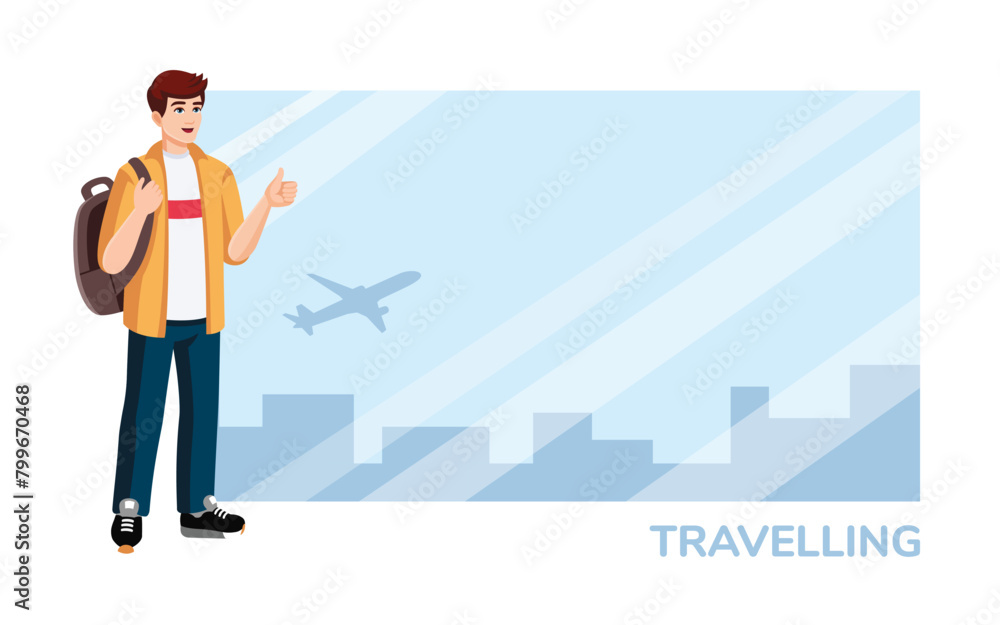 Young Man with backpack showing thumbs up at the airport before flight. Travelling concept, flat design, cartoon style. Vector illustration. Copy space Young Man with backpack showing thumbs up at the airport before flight. Travelling concept, flat design, cartoon style. Vector illustration. Copy space