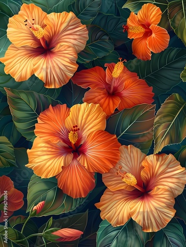 Vibrant and Exotic Hibiscus Floral with Lush Tropical Foliage