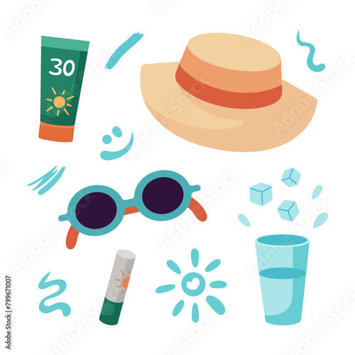Sunstroke protection, sunscreen tips set. Sunscreen cream, lipstick, sunglasses, sun hat, water. Strokes of sunscreen cream strokes. Summer, Beach holidays concept. Flat design, cartoon style.