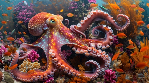 Octopus Amongst Coral Reef and Fish. Striking octopus with a vibrant display of colors moves gracefully among a bustling coral reef teeming with tropical fish.