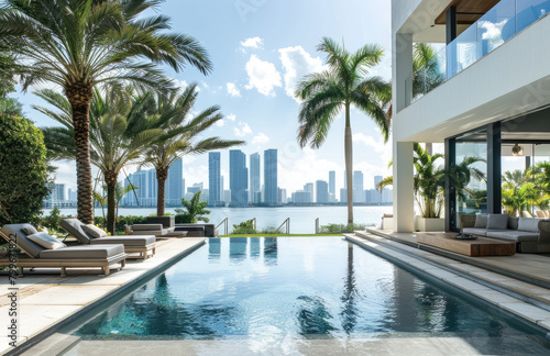 Miami home with pool and outdoor seating, overlooking the city skyline and bay, palm trees, tropical plants, sun loungers, blue sky, view over water to buildings.