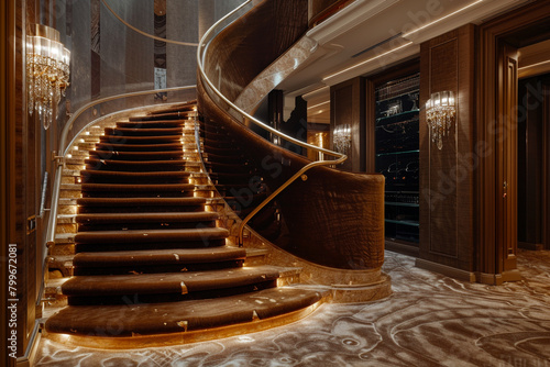 A luxurious foyer with a curved staircase enveloped in velvet, leading to an opulent second floor. The handrail is adorned with gold leaf, and the steps are lit from beneath