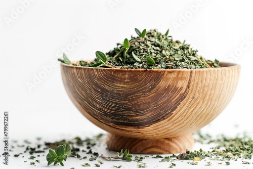 Overhead view of dried lemon verbena leaves on a wooden bowl with a big space for text or product advertisement background, Generative AI.