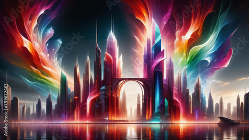 Futuristic cityscape translucent multicolor crystals