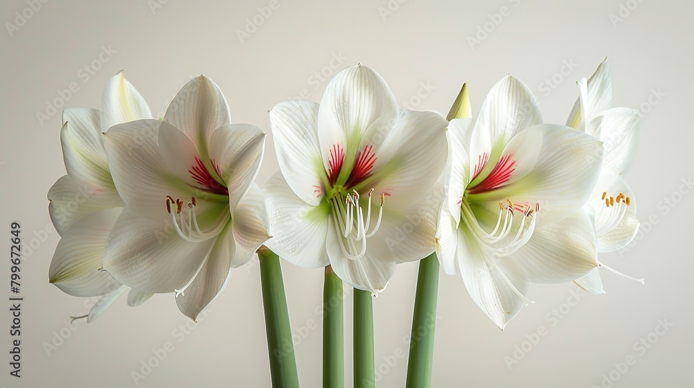 A combination of white amaryllis blooms in blossoming phase set over a white setting visually impactful budding and space, Generative AI.