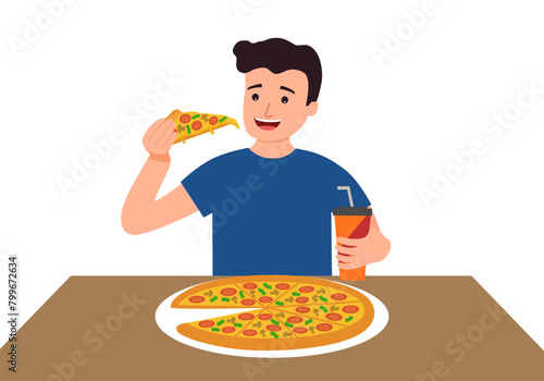 Man enjoy eating pizza in flat design on white background.